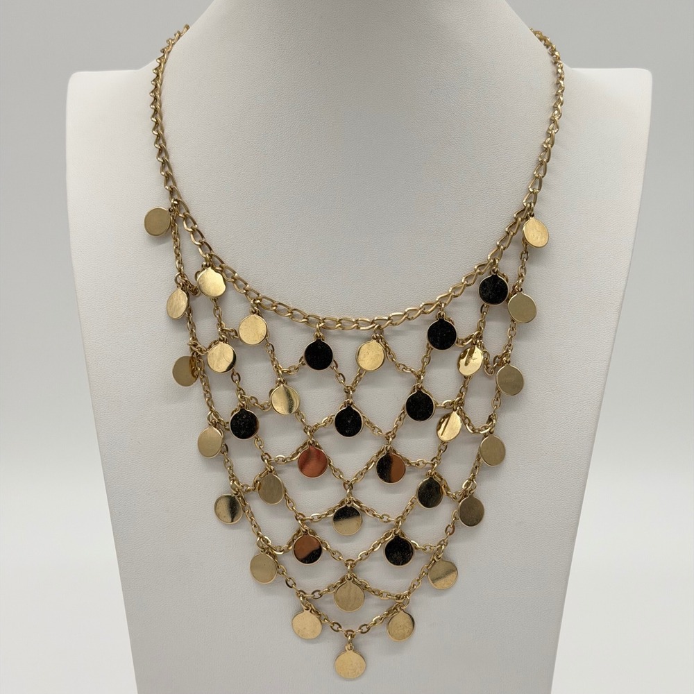Vintage‎ Gold Tone Coin Disc Bib Necklace Layered Statement Adjustable